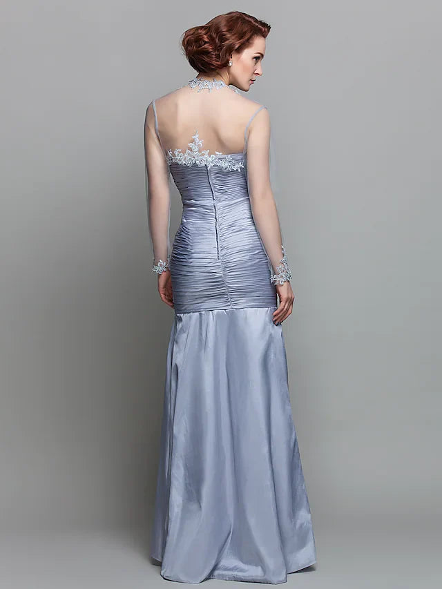 Wholesale Mother of the Bride Dress Wrap Included Strapless Floor Length Lace Taffeta Long Sleeve with Ruched Beading Appliques